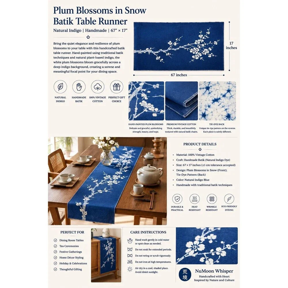 Handmade Indigo Batik Table Linen Set– Plum Blossom Runner, Placemats & Coasters
